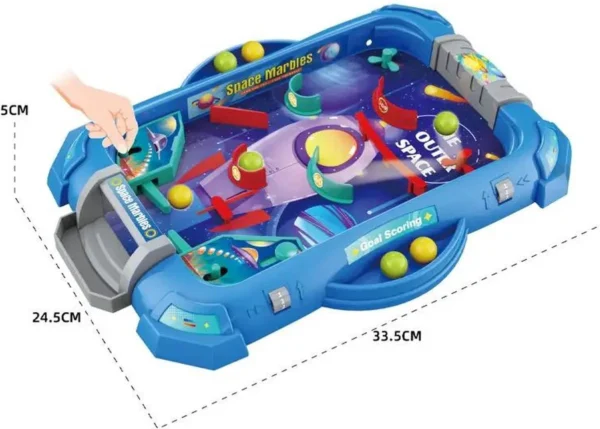 Mini machine de flipper Space Marbles avec thème spatial coloré, vue de face complète.