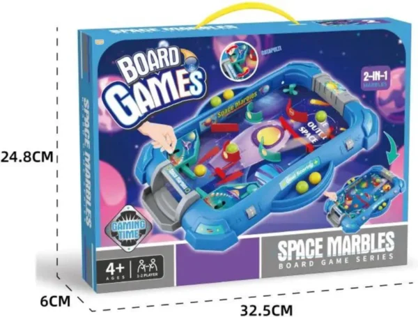 Boîte du flipper miniature Space Marbles avec visuels spatiaux et informations produit.