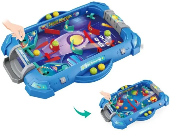 Mini flipper Space Marbles avec indication des dimensions en centimètres (longueur, largeur, hauteur).