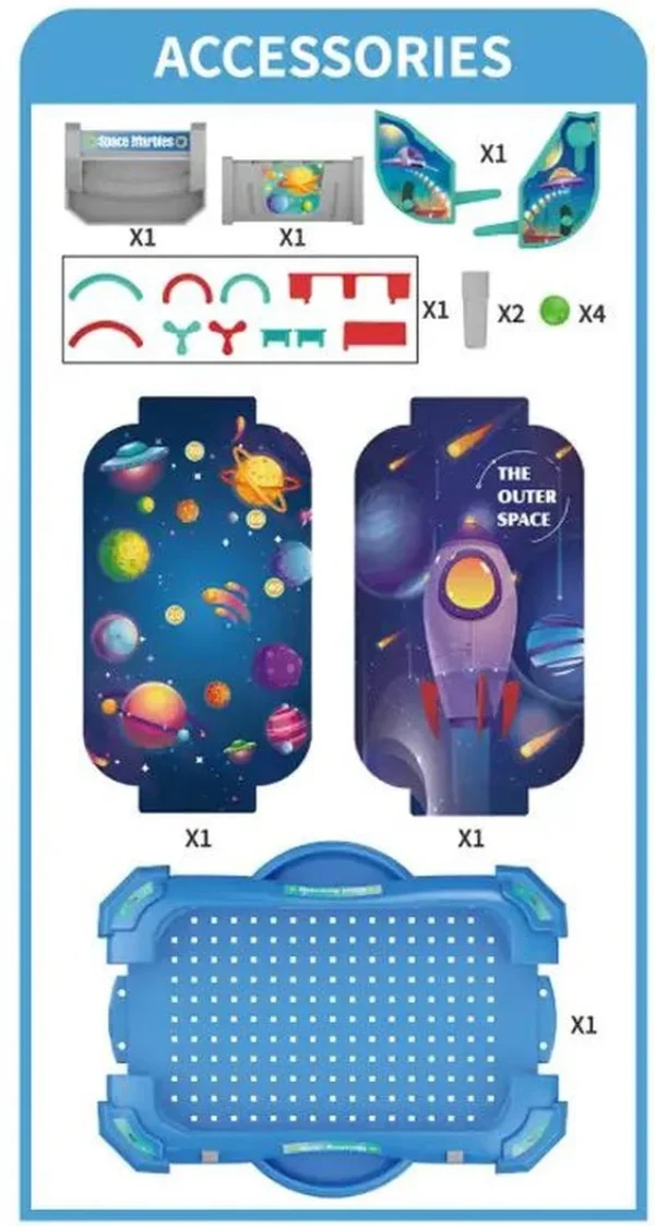 Gros plan sur les détails du plateau de jeu de Space Marbles, avec obstacles et billes visibles.